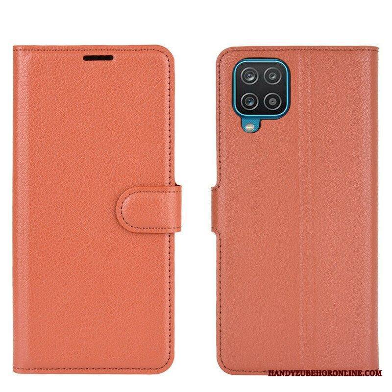 Flip Case Samsung Galaxy M12 / A12 Klassinen Litsi Tekonahka