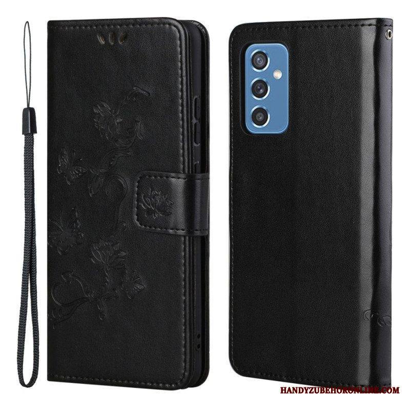 Flip Case Samsung Galaxy M52 5G Suojaketju Kuori Perhoset Ja Kukat -hihna