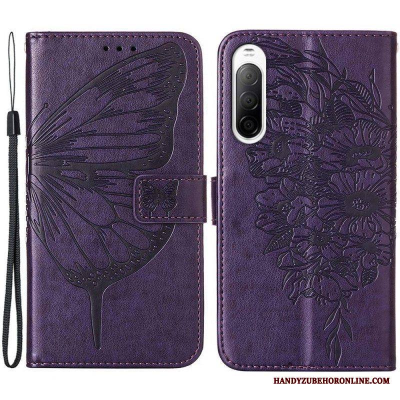 Flip Case Sony Xperia 10 IV Perhonen Kaulanauhalla