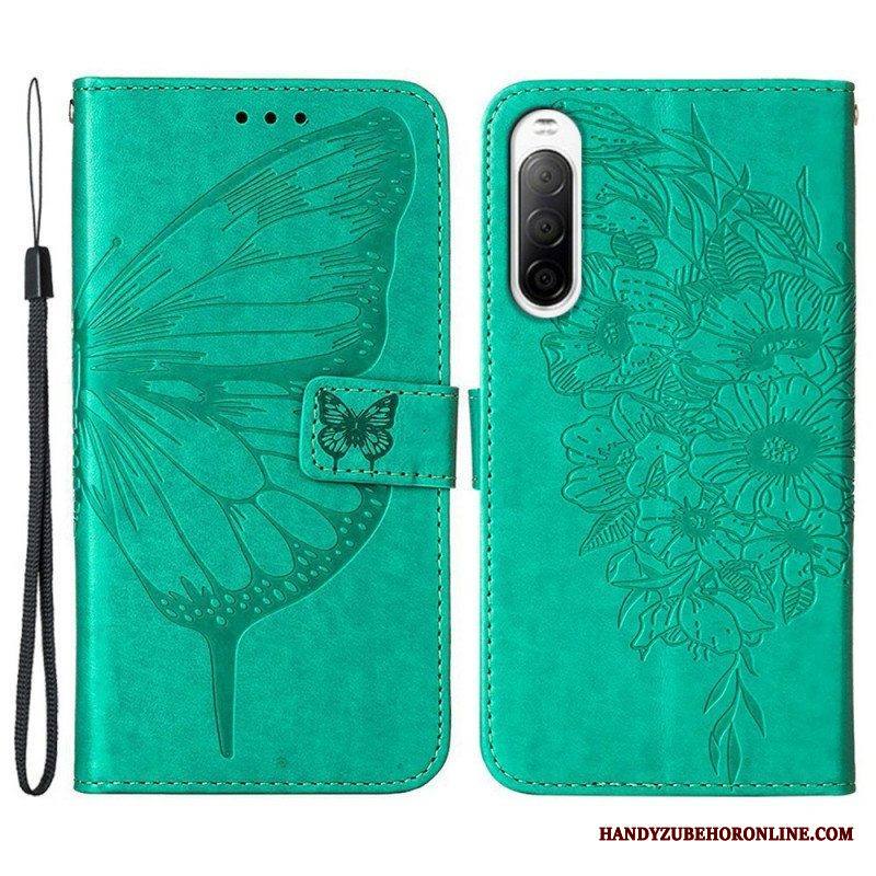 Flip Case Sony Xperia 10 IV Perhonen Kaulanauhalla