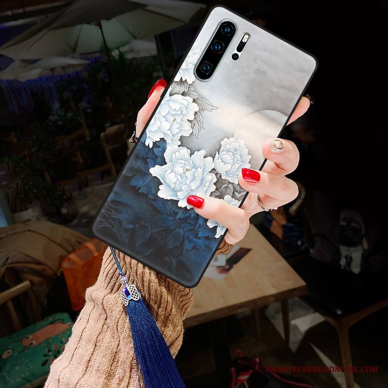 Huawei P30 Pro Kuori Murtumaton Pesty Suede Nuoret Sininen Kiinalainen Tyyli Kukka Kotelo