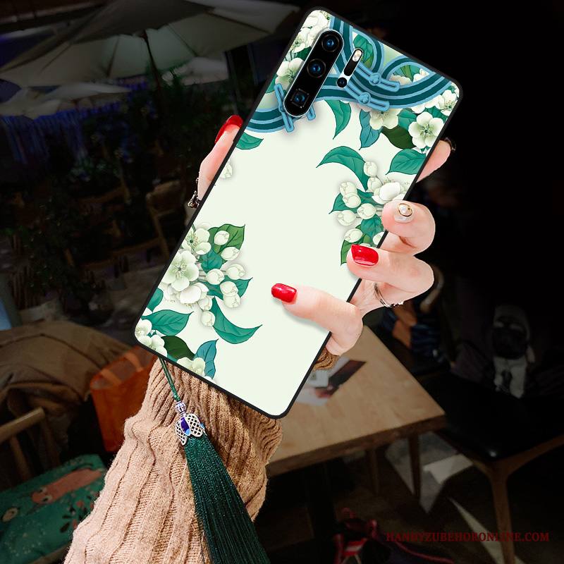 Huawei P30 Pro Kuori Murtumaton Pesty Suede Nuoret Sininen Kiinalainen Tyyli Kukka Kotelo