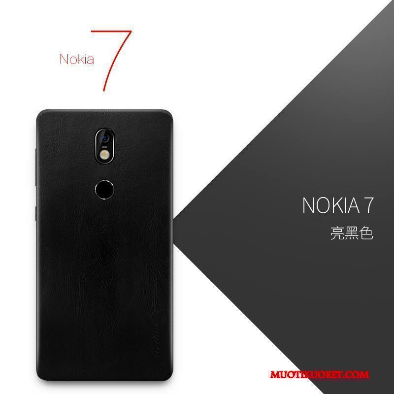 Nokia 7 Kuori Suojaus Aito Nahka Ultra Musta Ohut All Inclusive Luova