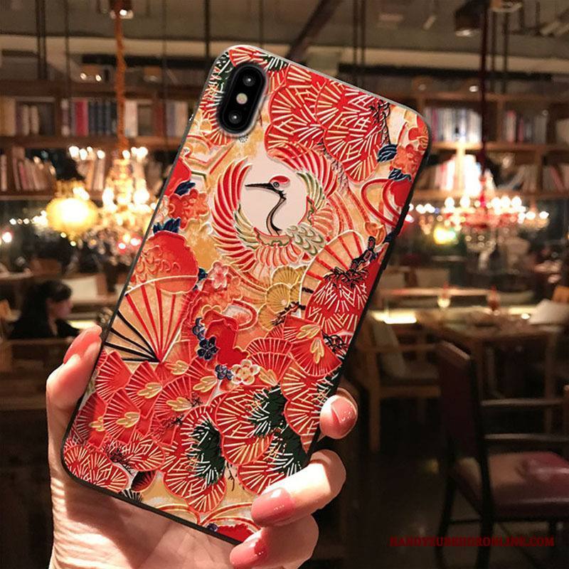 iPhone Xs Max Kuori Klassinen Kohokuviointi Puhelimen Kuoret Tuuli Nosturi Valkoinen Pesty Suede