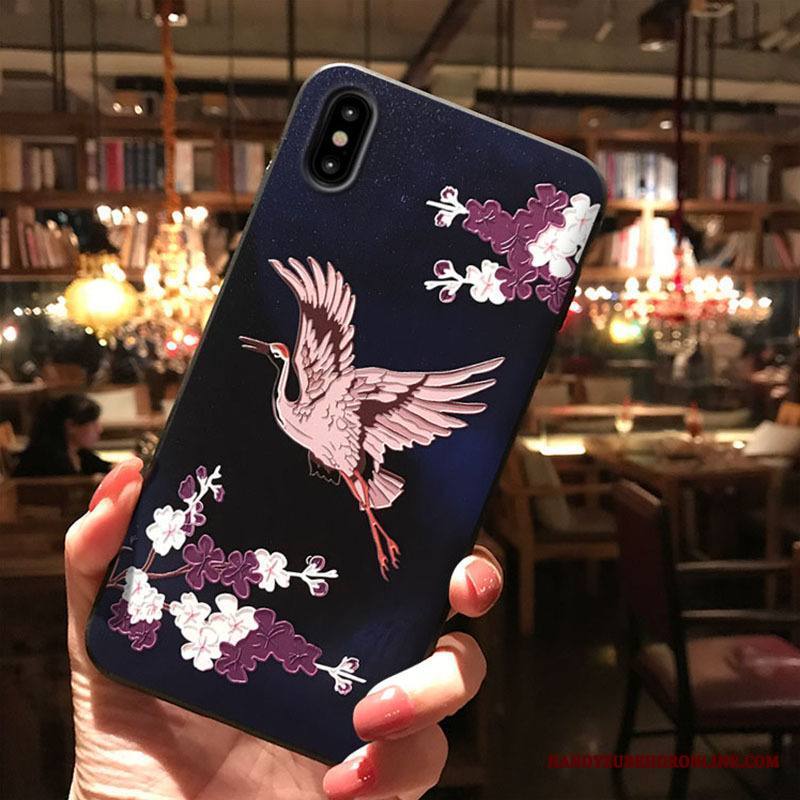 iPhone Xs Max Kuori Klassinen Kohokuviointi Puhelimen Kuoret Tuuli Nosturi Valkoinen Pesty Suede