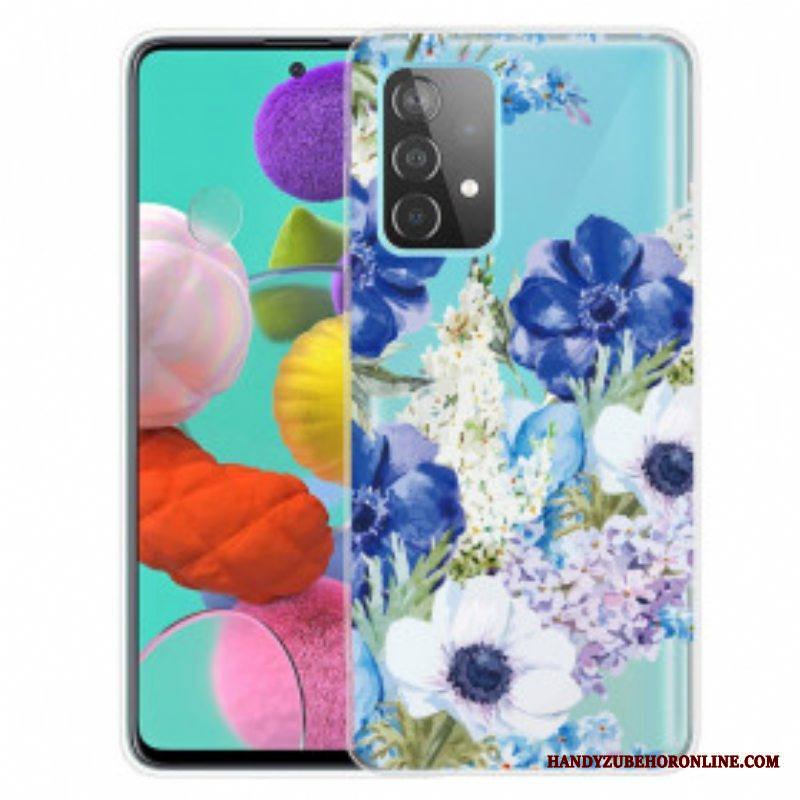 Case Samsung Galaxy A52 4G / A52 5G / A52s 5G Saumaton Akvarelli Siniset Kukat