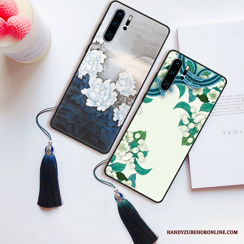 Huawei P30 Pro Kuori Murtumaton Pesty Suede Nuoret Sininen Kiinalainen Tyyli Kukka Kotelo