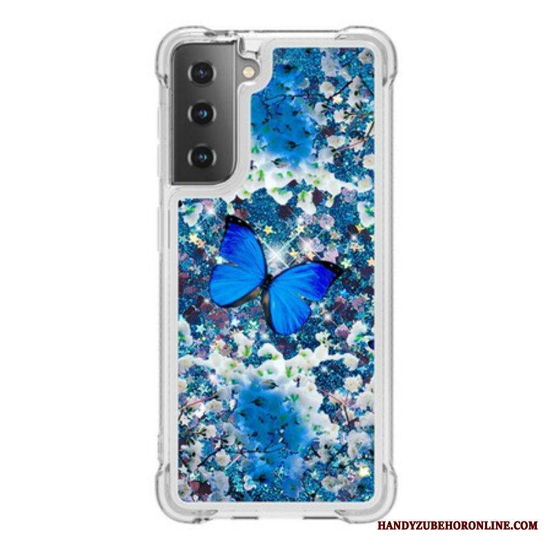 Kuori Samsung Galaxy S21 5G Glitter Blue Perhoset