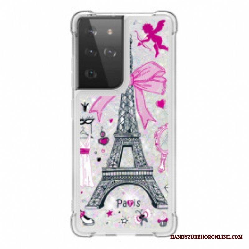 Kuori Samsung Galaxy S21 Ultra 5G Eiffel-tornin Paljetteja