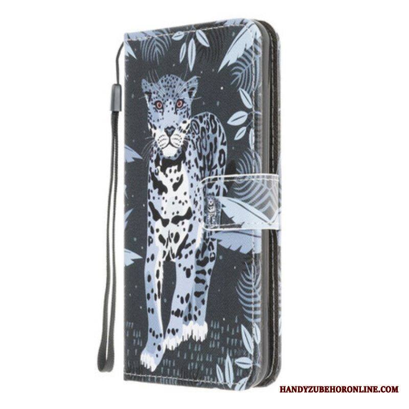 Nahkakotelo Samsung Galaxy A42 5G Suojaketju Kuori Strappy Leopard