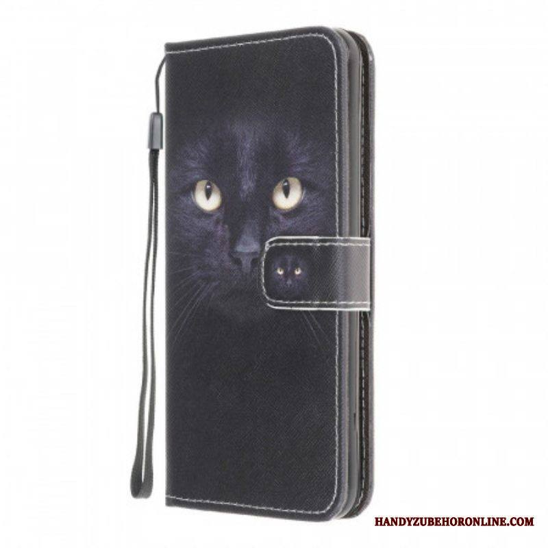 Nahkakotelo Samsung Galaxy M32 Suojaketju Kuori Strappy Black Cat Eyes