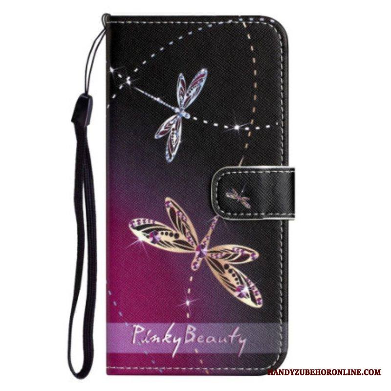 Nahkakotelo iPhone 14 Plus Suojaketju Kuori Strappy Dragonflies