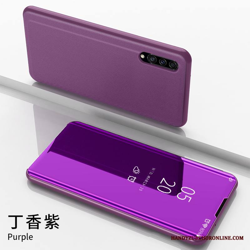 Samsung Galaxy A30s Kuori Nahkakotelo Violetti Peili Tuki Tähti Pinnoitus Suojaus